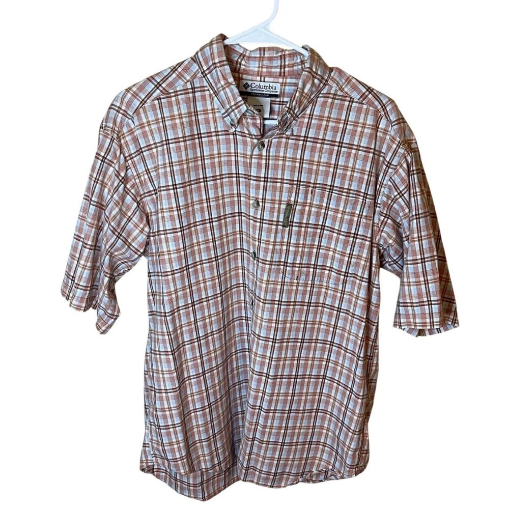 Columbia Mens Medium Orange Plaid Short Sleeve Button Up Shirt